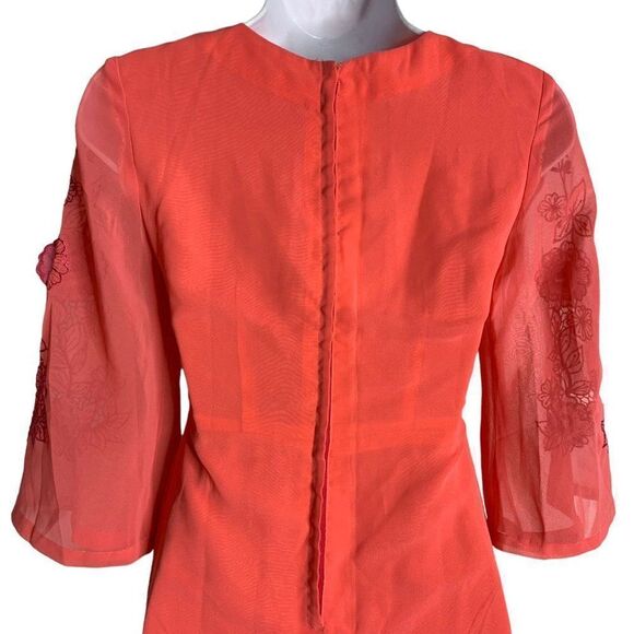 Vintage 60s Embroidered Chiffon Maxi Dress S Pink Floral Bell Sleeve Lined Zip - Picture 6 of 6